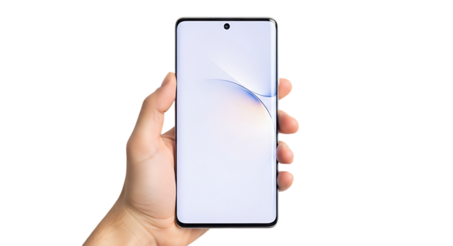 Hand holding a modern smartphone with a white screen and peeling screen protector
