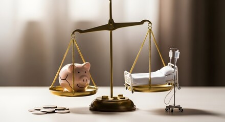 Conceptual representation of healthcare costs, showing a scale balancing money against a hospital bed with an IV drip.