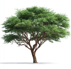 Obraz premium Full shot of a lush, vibrant tree against a white background. A substantial, spreading canopy of green foliage crowns a reddish-brown trunk