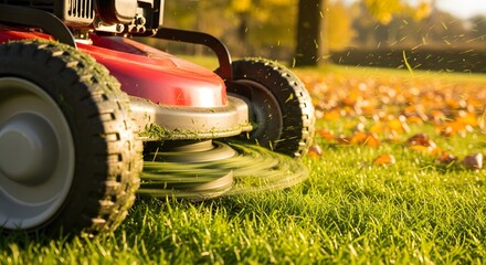 A lawnmower trims a lush green lawn on a sunny day, with fallen autumn leaves scattered in the background, creating a vibrant scene.