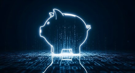 Digital piggy bank concept illustration against a dark blue background featuring binary code and a grid, symbolizing modern finance.