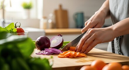 Person chopping carrots and vegetables on a cutting board