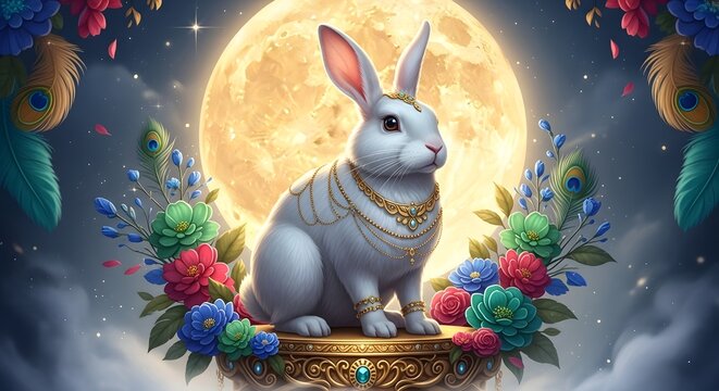 Year of the rabbit illustration with cute rabbit, moon and flowers, perfect for chinese new year celebration and greeting card design