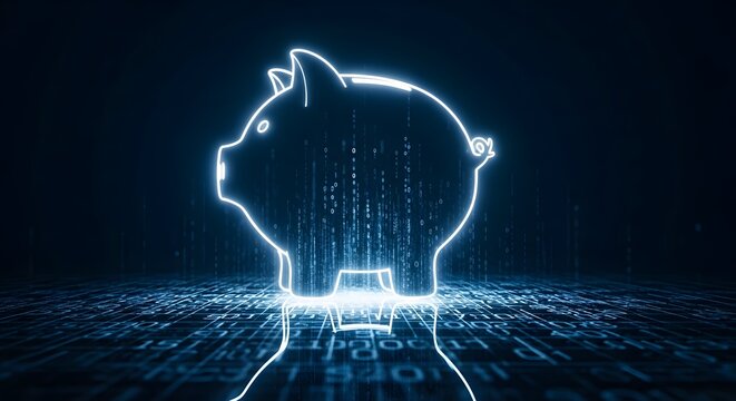 Digital piggy bank concept illustration against a dark blue background featuring binary code and a grid, symbolizing modern finance.