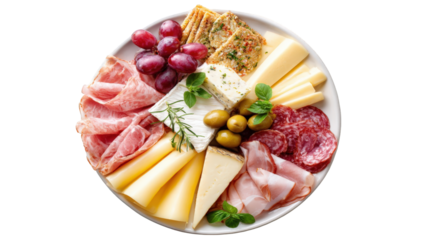 Round platter of assorted cheeses, cured meats, grapes, and olives