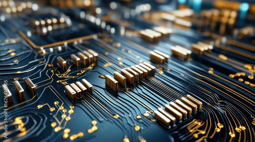 Poster high tech circuit board with intricate patterns and golden components, showcasing advanced