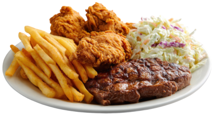 A plate of fried chicken, steak, french fries, and coleslaw