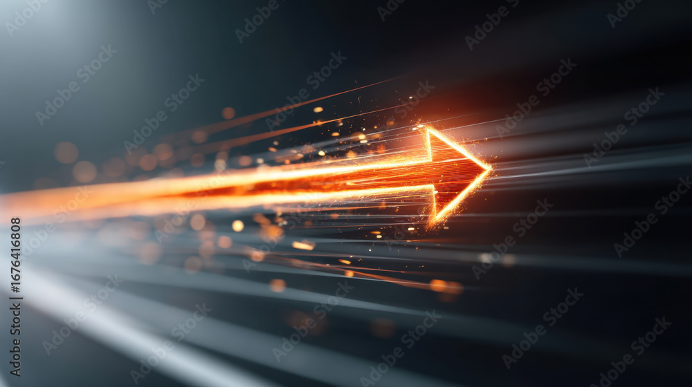 Poster dynamic arrow design with glowing orange light, symbolizing speed and direction. image captures sens