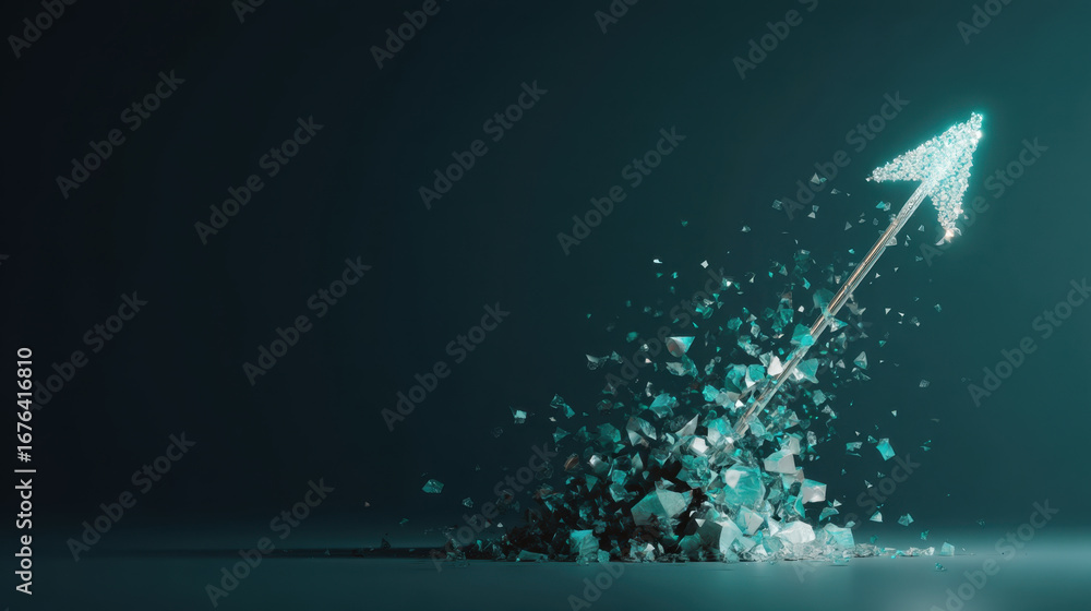 Aufkleber dynamic arrow made of shimmering particles breaks through fragmented surface, symbolizing progress a