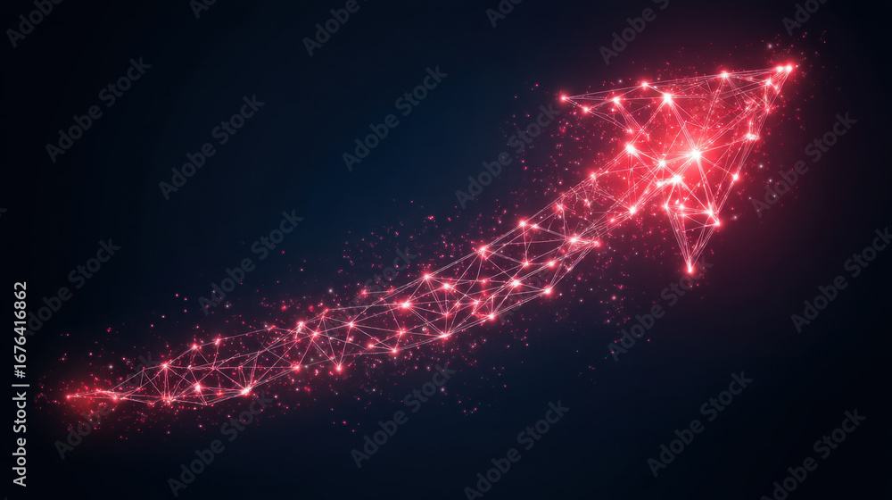 Poster glowing red arrow made of interconnected lines and dots symbolizes progress and direction. digital d
