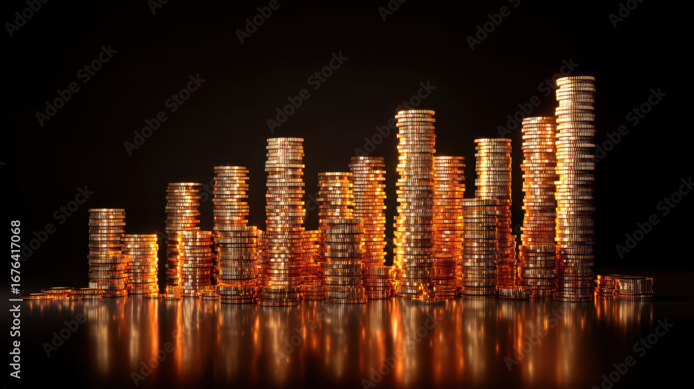 Aufkleber stacks of shiny coins arranged varying heights create visually striking representation of wealth and