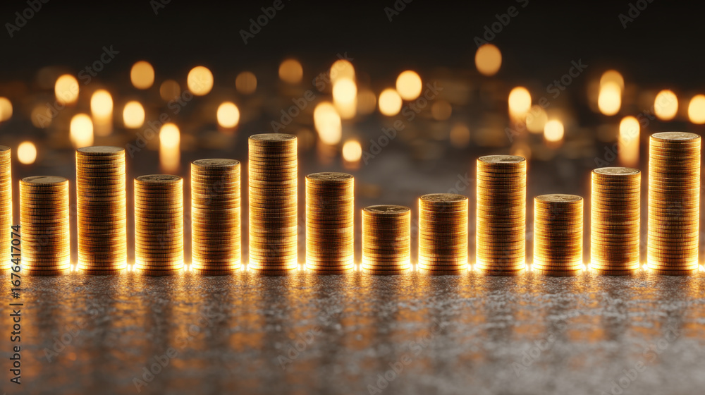 Aufkleber stacks of coins illuminated by soft light create visually striking image, symbolizing wealth and fin