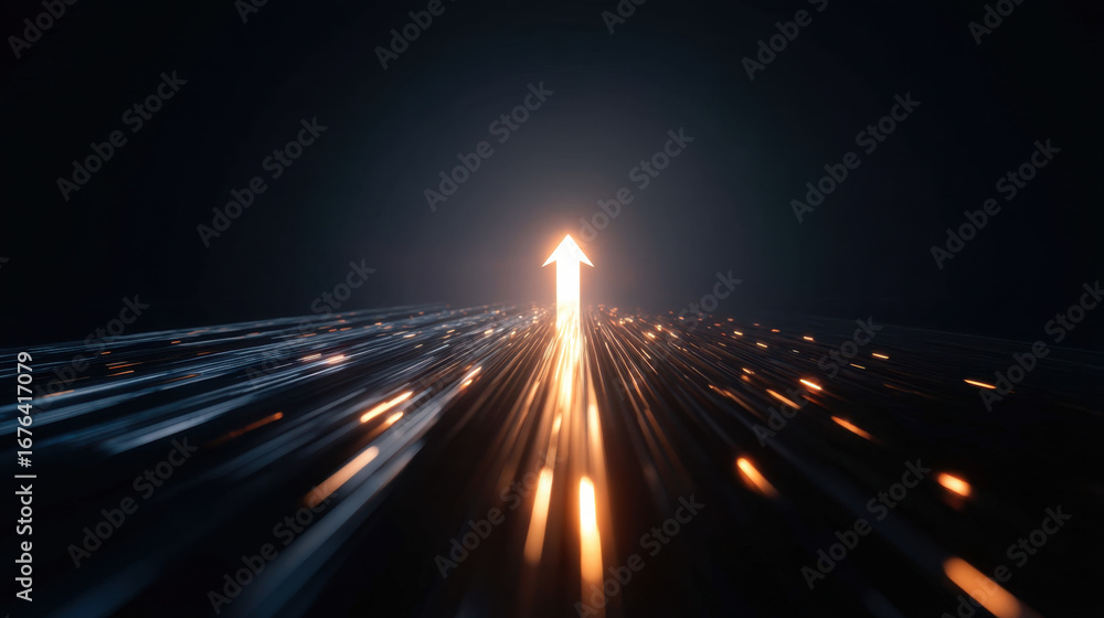 Poster abstract light trails create sense of movement and direction, with glowing arrow symbolizing progres