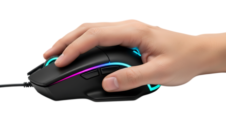 Close up of a hand holding a gaming mouse with colorful rgb lighting