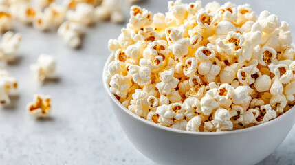 Crispy popcorn in white bowl, perfect for snacking and sharing. Enjoy delightful crunch