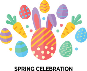 A vibrant illustration featuring colorful Easter eggs, bunny ears, and carrots, symbolizing a joyful spring celebration.