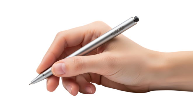 Close up of a person s hand holding a silver pen writing against a black background