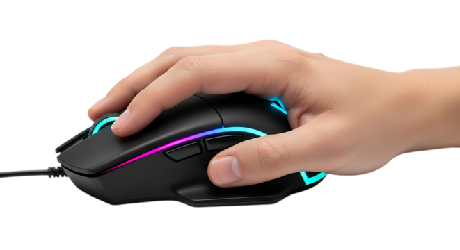 Close up of a hand holding a gaming mouse with colorful rgb lighting