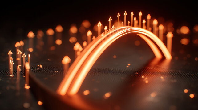 Glowing arch with upward arrows symbolizes growth and progress, set against dark background. warm orange tones create dynamic and energetic atmosphere, representing innovation and success