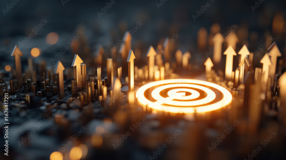 Poster abstract digital illustration featuring glowing target symbol surrounded by upward pointing arrows, 