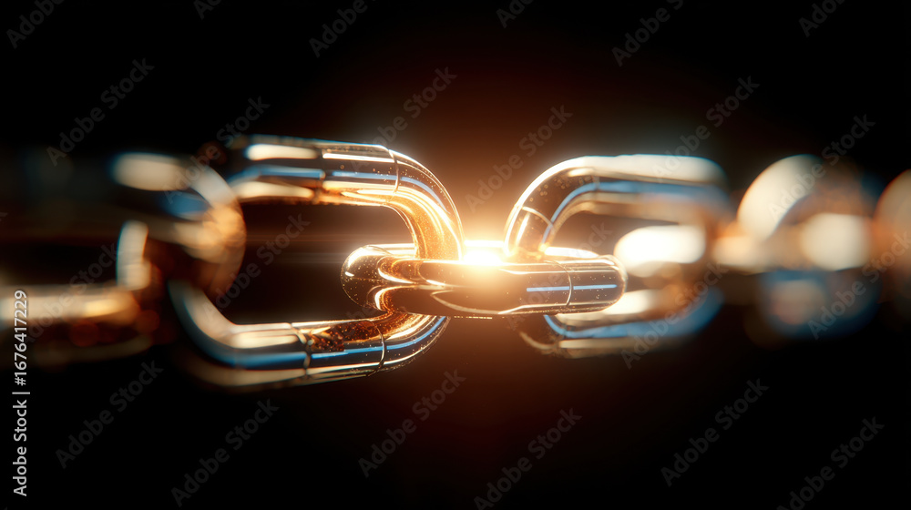 Poster close up view of metallic chain link illuminated by bright light, showcasing shiny surface and intri