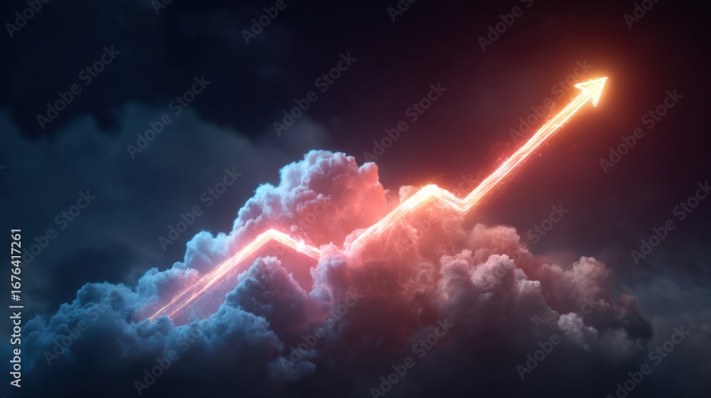 Poster dynamic upward trend is depicted with glowing arrow piercing through dark clouds, symbolizing growth