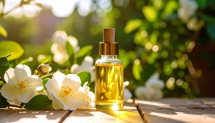 コルク栓付きボトルに入った黄金色のオイル