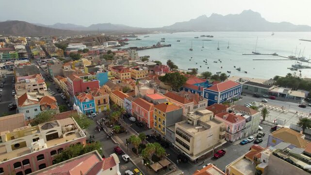 CAPE VERDE - 8.4.2025 - Amazing aerial footage moving along Portuguese buildings on the port of Mindelo, Cape Verde.