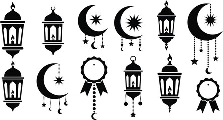 Fototapeta premium Islamic Ramadan lantern silhouettes, 12 black crescent moon and star icons, traditional Arabic fanous lamp vector set for Eid Mubarak greeting cards