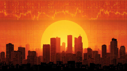 Vibrant sunset casts warm orange glow over city skyline, silhouetted against backdrop of financial data and stock market trends. scene evokes sense of opportunity and growth