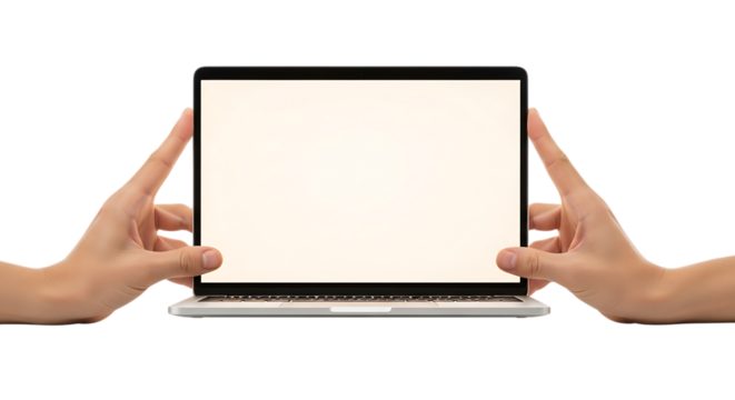 Hands holding a glowing laptop screen against a dark background