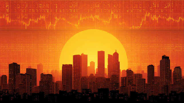 Vibrant sunset casts warm orange glow over city skyline, silhouetted against backdrop of financial data and stock market trends. scene evokes sense of opportunity and growth