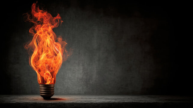 Glowing light bulb emits vibrant flames, creating striking contrast against dark, textured background. fiery display symbolizes creativity and innovation, captivating viewer attention