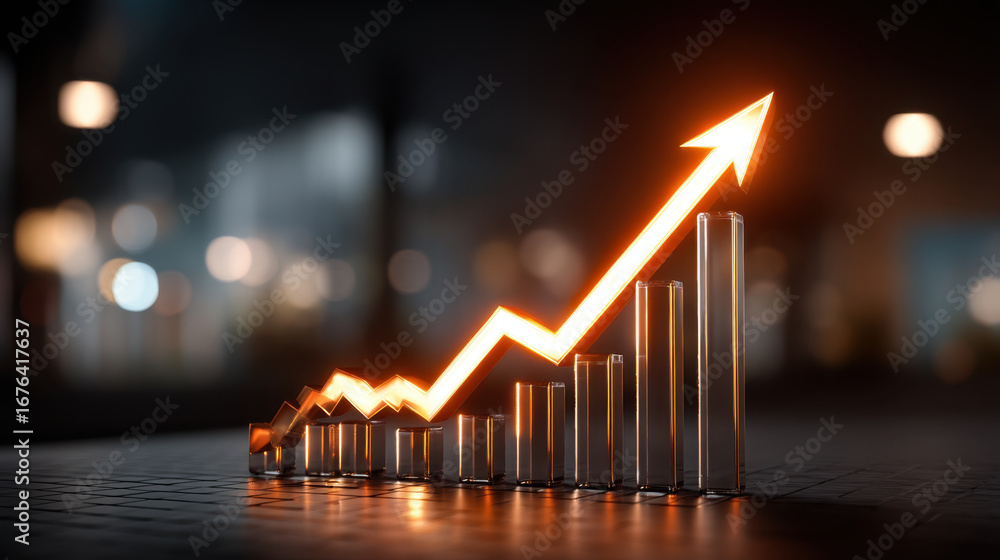 Poster graph showing upward trend with glowing orange line, representing growth and success in business or 