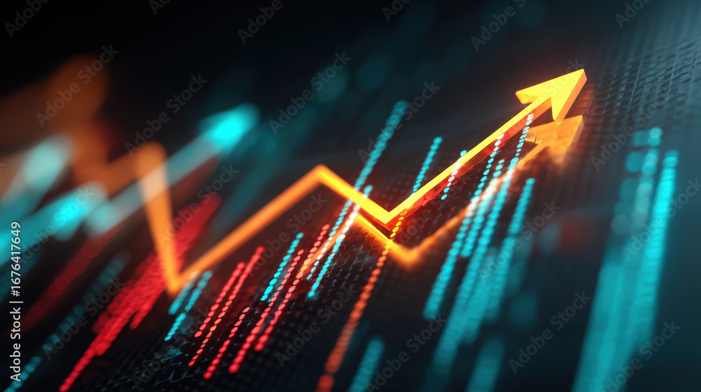 Poster abstract digital financial chart with upward trend represented by orange arrow, symbolizing growth a