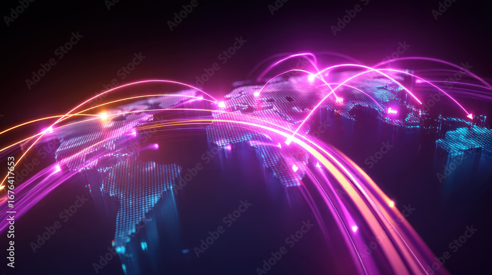 Aufkleber digital world map with glowing connections representing global communication and networking. bright 