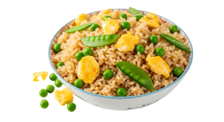 Delicious egg fried rice with peas and snow peas in a bowl