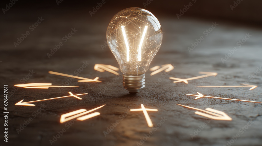 Aufkleber glowing light bulb surrounded by illuminated arrows on textured surface creates captivating visual. 