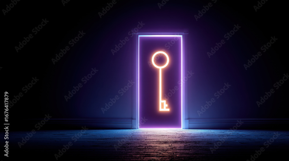 Poster glowing door with key symbol illuminates dark room, creating mysterious and intriguing atmosphere. v