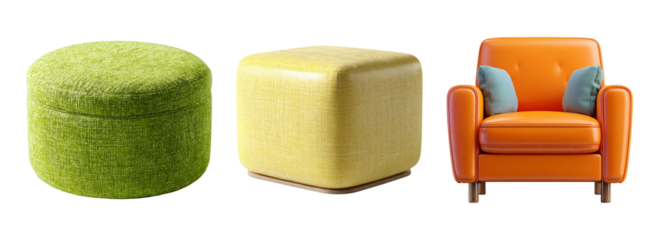 Colorful upholstered ottomans and modern armchair on transparent background