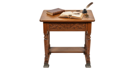 Antique wooden writing desk with quill pen inkwell and book
