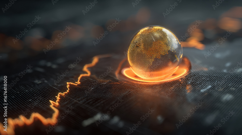 Aufkleber glowing orb representing digital globe sits on dark surface, surrounded by orange light. background 