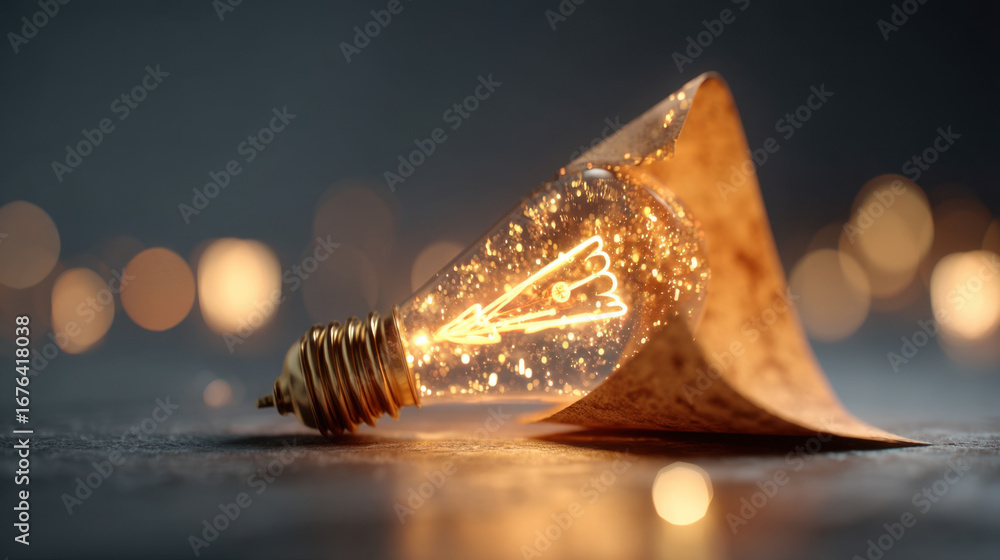 Poster vintage light bulb with warm glow rests on textured surface, surrounded by soft bokeh lights. intric