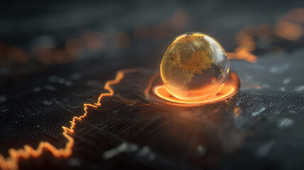 Glowing orb representing digital globe sits on dark surface, surrounded by orange light. background features abstract lines and patterns, suggesting technology and data visualization