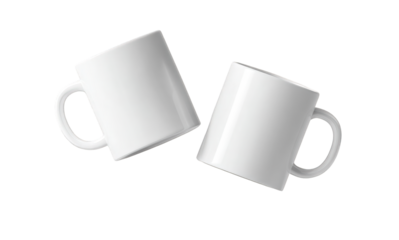 Two white mugs in a flying pose