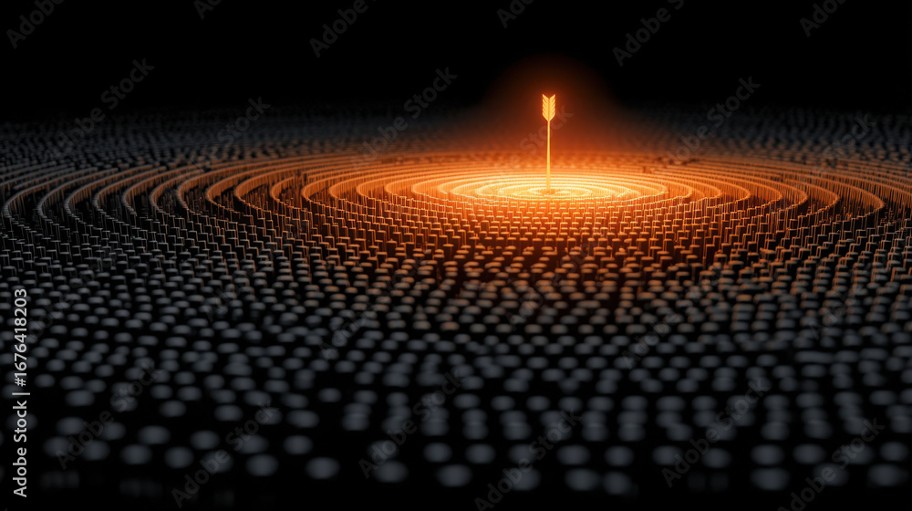 Poster glowing arrow stands at center of concentric circles, radiating warmth and light in dark environment
