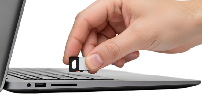 Hand inserting a usb drive into a laptop computer