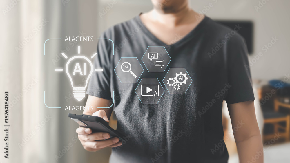 Aufkleber a man holds a smartphone displaying holographic icons for various ai agent functions like search, ch