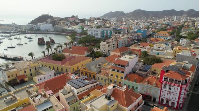 CAPE VERDE - 8.4.2025 - Wonderful aerial footage moving up a busy port in Mindelo, Cape Verde.