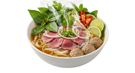Steaming bowl of vietnamese pho with beef and herbs